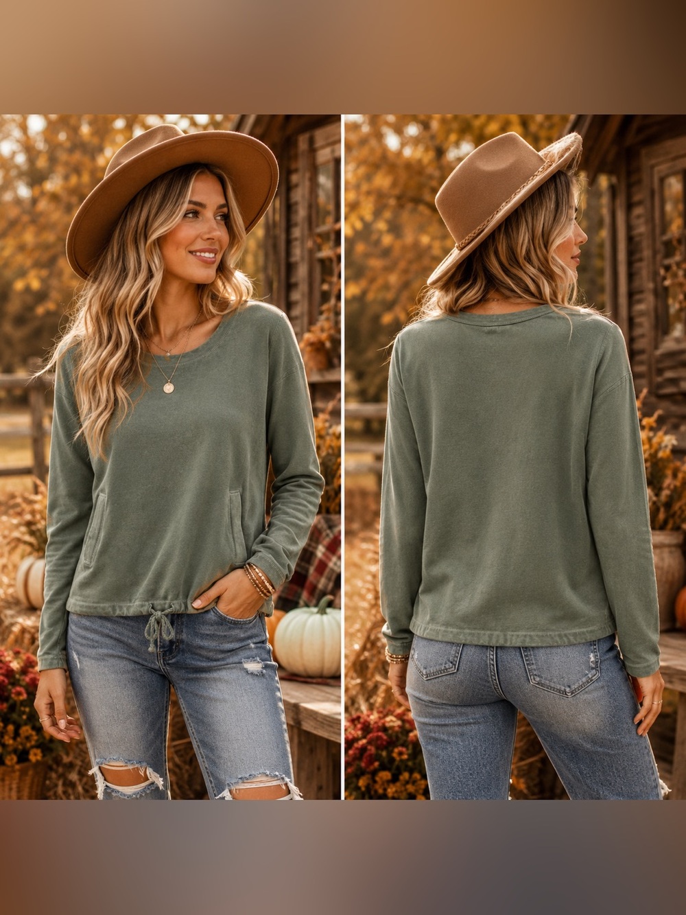 fresh produce Olive Green Drawstring-Hem Long Sleeve Pullover